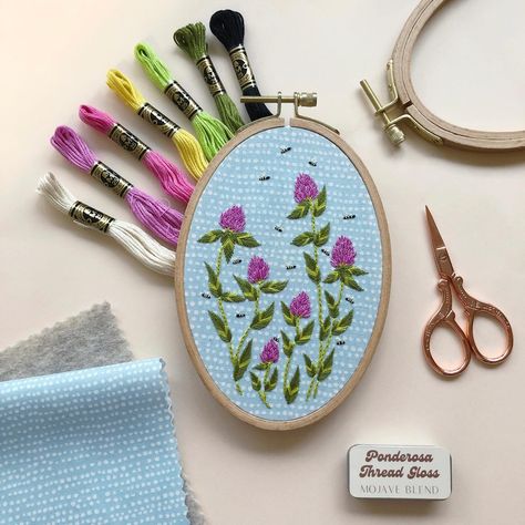 I’m buzzing in to share my newest hand embroidery kit: Bees Among Clover!⁠ ⁠ This intermediate embroidery kit idea came to me while taking my pups for their daily walk. My two wrinkly fur babies have specific spots they like to stop along our route. One of those spots has a vibrant clump of red clover plants in the spring and summer. At first I didn’t take much notice of this clover along our walks, but with each time we stopped, I took a closer look. And found I really loved the clover bloom... Oval Embroidery Hoop, Oval Embroidery, Clover Plant, Red Clover, Visible Mending, Hand Embroidery Kit, Daily Walk, Create Words, Embroidery Kit