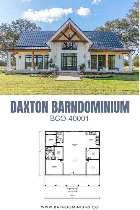 This stunning barndominium offers the perfect combination of rustic charm and modern design, featuring a striking gabled roof, board-and-batten siding, and expansive covered porches on the front and back. Barndominium Home Addition, Barndominium Ideas With Lots Of Windows, Barndominium Gable Porch, Small Barndominium House Plans, Barndominium With Gable Porch, Texas Style Barndominium, House Design Country Farmhouse, Realistic Barndominium, 2 Story Barndominium Exterior