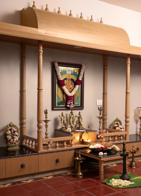 A traditional Chennai-style home in Delhi with a floor converted to an office | Architectural Digest India South Indian Pooja Room Design, Mandir In Home, Luxury Pooja Room Design, Wall Panelling Design, Room References, Home Theater Wall, Luxury Curtains Living Room, Panelling Design, Pooja Unit