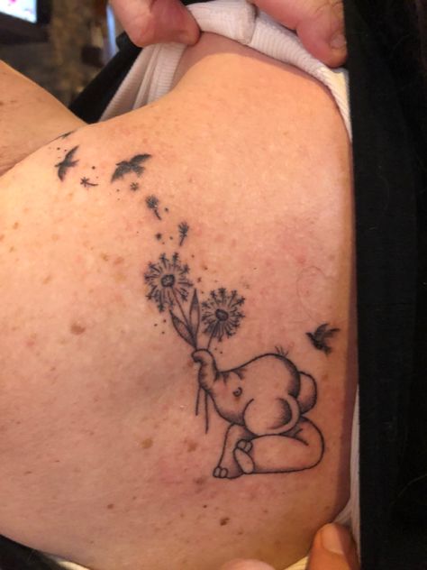 Elephant, dandelion wishes, birds in flight. Tattoos The Represent Strength, Elephant Dandelion Tattoo, Elephant With Dandelion Tattoo, Tattoos That Represent Strength Woman, Tattoo That Represents Strength Woman, Tattoo Elephant, Blowing Dandelion, Elephants Playing, Dandelion Tattoo