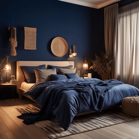 Chambre bleu nuit : 18 idées déco pour une ambiance calme ! Dark Blue Bedroom Walls, Dark Blue Rooms, Blue Bedroom Walls, Dark Blue Bedrooms, Navy Blue Bedrooms, Blue Bedroom Design, Boho Bedroom Furniture, Blue Bedroom Decor, Dark Bedroom