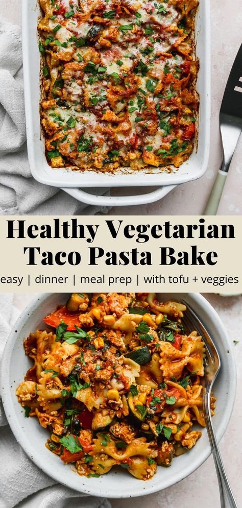 This vegetarian taco pasta bake is made with crumbled tofu, plenty of vegetables, taco sauce, salsa, and melty cheddar cheese. It’s such an easy, delicious, and nutritious dinner idea that is perfect for meal prep and batch cooking! Quick And Easy Recipes Vegetarian, Taco Bake Vegetarian, Batch Cook Vegetarian, Vegetarian Pasta For A Crowd, Vegan Taco Bake Casserole, Vegan Taco Bake, Vegetarian Taco Bake Casserole, Meatless Sheet Pan Dinners, Taco Pasta Vegetarian