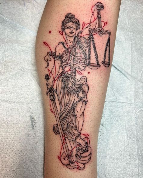 Another black and red piece done by @colleenajsmith -- this time a classic one featuring the Lady of Justice!! ⚖️ "A stoic lady Justice with the interweaving red vine work. The Classics are always in the centre of my heart and it’s always so gratifying to take on a project which symbolizes the epic nature of its narratives of love, loss, balance, chaos, destruction and rebirth." - Colleen Scales Of Justice Tattoo Traditional, Library Of Alexandria Tattoo, Red Libra Tattoo, Human Rights Tattoo Ideas, Lady Justice Back Tattoo, Lady Lazarus Tattoo, Women’s Forarm Tattoos, Tattoos With Red And Black, Justice Card Tattoo