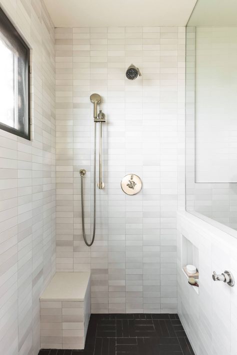 shower with seating and multiple nozzles is a must. plus built in storage for soap. Shower Bench Built In, Dream Showers, Built In Shower Seat, Split Bathroom, Bathroom Seat, Deep Clean Bathroom, Baldwin Hills, Accessible Bathroom Design, Modern Room Design