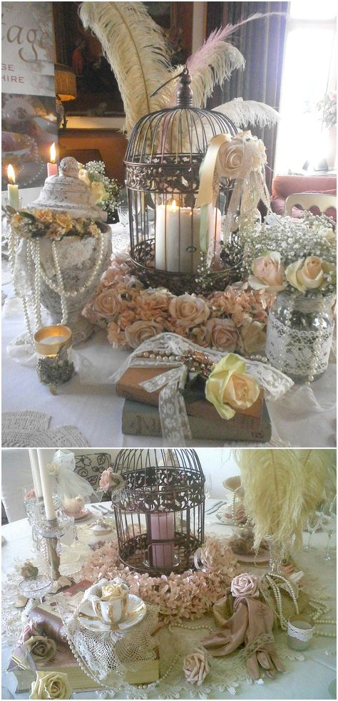 Top Tips – Non Flower Centerpieces- birdcages and feathers from Beautifully Vintage Non Flower Centerpieces, Victorian Steampunk Wedding, Victorian Party, Candles Flowers, Flowers Candles, Great Gatsby Wedding, Wedding Floral Centerpieces, Steampunk Wedding, Birdcages