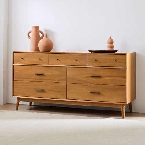 oversize chest of drawers | West Elm West Elm Dresser, Warm Autumn Color Palette, Dresser Inspo, West Elm Mid Century, Mid Century Bed, Little Bedroom, Low Dresser, Contemporary Dresser, Bedroom 2023