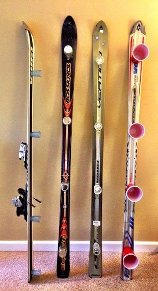 How to Build the Ultimate Shot Ski | HuffPost Life Ski Shot Board Diy, Shotski Design Ideas Diy, Diy Shot Ski, Shot Ski Design Ideas, Shotski Design Ideas, Old Skis Ideas, Ski Lodge Christmas, Lodge Christmas, Shot Ski