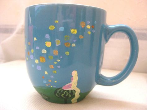 Tangled mug Disney Mugs Diy, Disney Pottery Painting, Fun Pottery Painting Ideas, Tangled Floating Lanterns, Disney Pottery, Diy Pottery Painting, Floating Lanterns, Color Me Mine, Disney Mugs