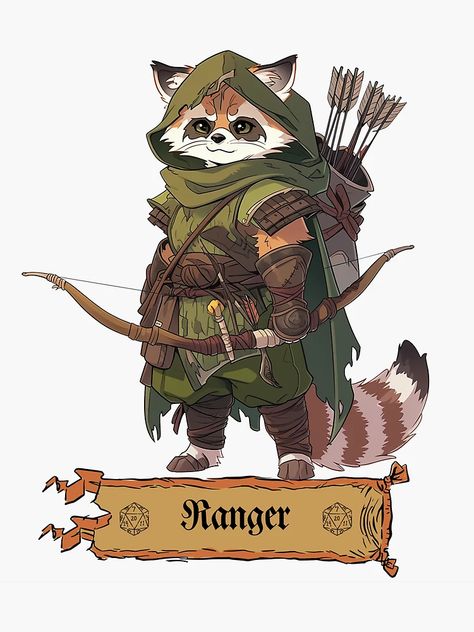 "Night Prowler: The Raccoon Ranger Archer - RPG Character" Sticker for Sale by Zanda-Nerd-Shop | Redbubble Raccoon Fantasy Art, Dnd Raccoon Character, Raccoon Folk Dnd, Dnd Raccoon, Racoon Character Design, Wizard Raccoon, Dnd Ranger Character Design, Fantasy Raccoon, Archer Rpg