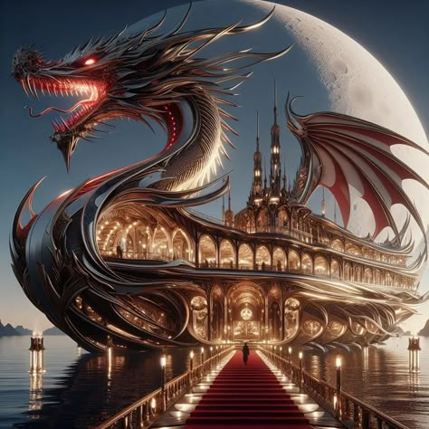 Fantasy Boat Art, Futuristic Ship Design, Boat Fantasy Art, Fantasy Transportation, Dragon Airship, Futuristic Boat Concept Art, Moon Dragon, Pirate Ship Art, Marvel Rogue