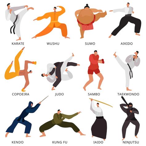 Free Vector | Set of flat icons fighters of various martial arts Martial Arts Belt Display, Types Of Martial Arts, Karate Boy, Martial Arts Photography, Art Uniform, Marshal Arts, Taekwondo Training, Trening Sztuk Walki, Martial Arts Techniques