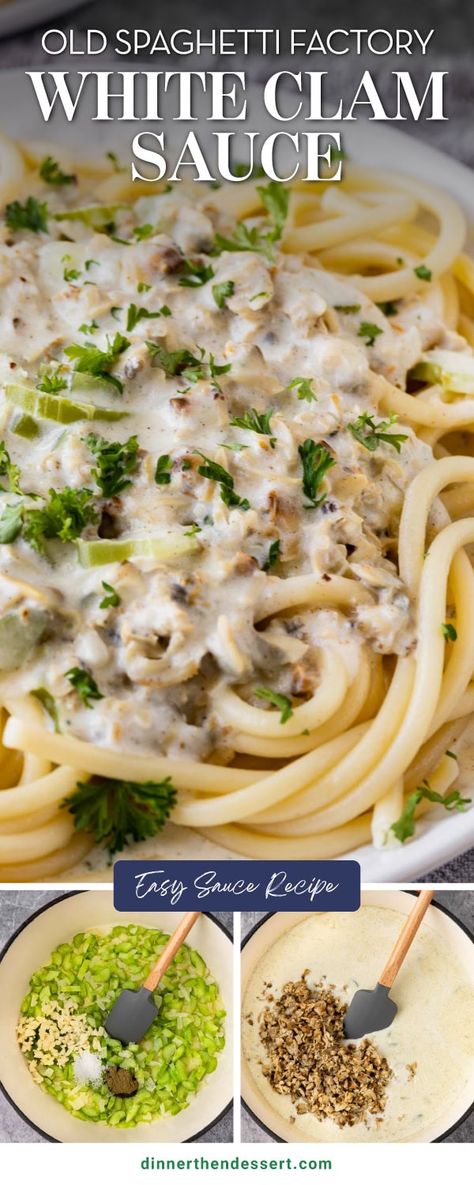 This copycat Old Spaghetti Factory White Clam Sauce recipe is the perfect way to enjoy a restaurant favorite at home. Ready in 20 minutes! Spaghetti Sauce White, Spaghetti And Clams, Linguine With White Clam Sauce Canned Clams, White Spaghetti Recipe, Clam Spaghetti, Clam Spaghetti Recipe, White Clam Sauce Recipe, Pasta With Clam Sauce, Old Spaghetti Factory