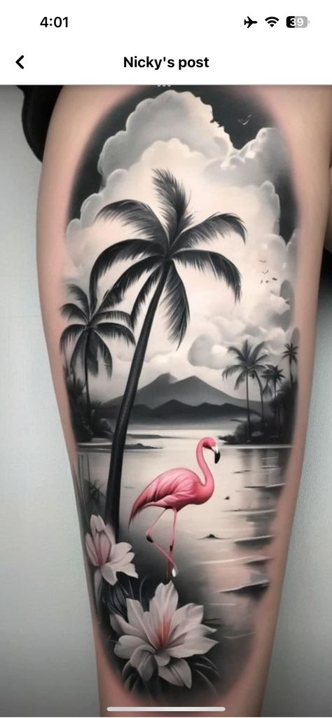 Flamingo Tattoo Design, Tropical Tattoos, Beachy Tattoos, Tropical Tattoo, Polynesian Tattoos Women, Colored Tattoo Design, Flamingo Tattoo, Sunset Tattoos, Palm Tattoos