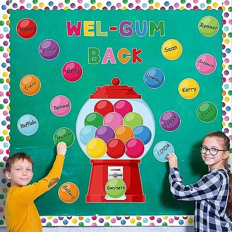 Gumball Door Decoration, Candy Themed Classroom Ideas, Gumball Party Ideas, Candyland Classroom, Candy Theme Decorations, Gumball Party, Apple Ideas, Preschool Boards, Amazing Gumball