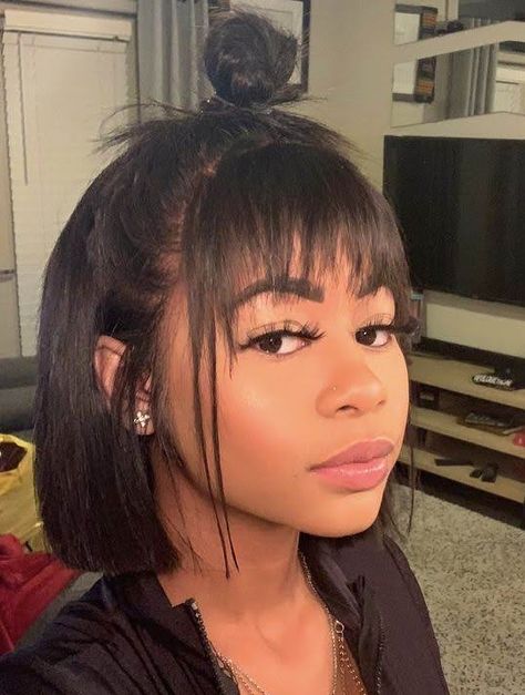 Bangs And A Bob, Short With Bangs Hairstyles, Relaxed Hair With Bangs, Short Bob With Face Framing Layers, Silk Press With Bangs, Short Straight Hairstyles Black Women, Natural Hair Bob Cut, Natural Hair Bangs, Big Chop Natural Hair