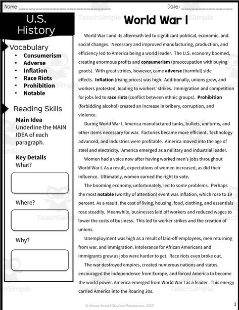 This resource is a World War I Reading Packet.This is a great no prep resource that all you have to do is print and go!Students will love learning history as they read an informative passage and apply vocabulary terms.Worksheets included such as multiple-choice questions and graphic organizers will allow them to show what they know.These work well for social studies or reading instruction.Answer keys included. Social Studies Vocabulary, Learning History, 5th Grade Activities, 5th Grade Worksheets, Fall Worksheets, Ela Worksheets, 4th Grade Social Studies, History Worksheets, Argumentative Writing