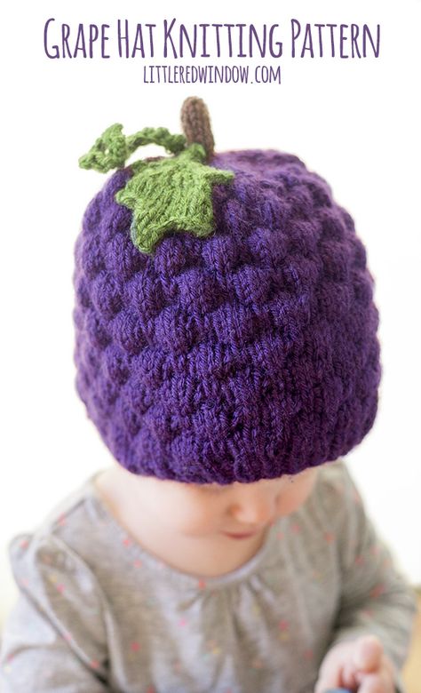 This cute grape hat knitting pattern looks so cute on babies and toddlers, it's got a sweet bunch of purple grapes, a little twisty vine and a little leaf! Fruit Hat, Baby Hat Free Pattern, Baby Summer Hat, Double Pointed Knitting Needles, Baby Hat Knitting Pattern, Hat Knitting Pattern, Baby Hat Patterns, Hat Knitting, Purple Baby