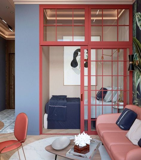 Why Colourful Internal Window Wall Dividers Are My Current Interior Crush — MELANIE LISSACK INTERIORS Room Divider Doors, Divider Wall, Compact Living, Apartment Design, Interior Inspo, Small Apartments, Space Design, Modern Interior Design, Deco Style