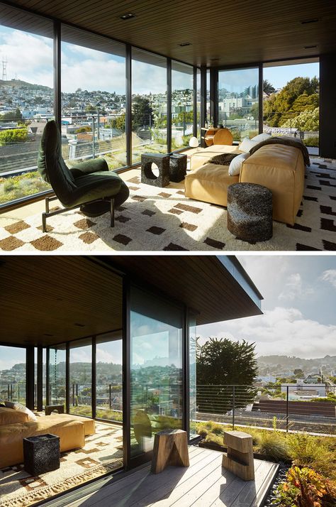 This House In San Francisco Presents A Modern Face To The Street Ido Yoshimoto, Dark Lounge, Walls Photography, Glass Handrail, Board House, Hallway Paint, Plush Couch, Black Accent Walls, Modern Townhouse