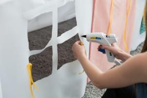 How to Make an Easy, No-Sew Tablecloth Playhouse for Kids | HGTV Tablecloth Playhouse, Card Table Playhouse, Diy Fort, Playhouse For Kids, Diy Tablecloth, Kids Forts, Diy Playhouse, Barbie Paper Dolls, School Wall Art