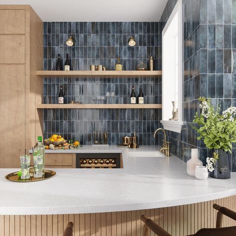 Luna Blue 2.5x8 Ceramic Subway Tile Backsplash and Shower Tile Accent Wall Kitchen, Kitchen Blue Backsplash, Navy Blue Backsplash, Blue Tile Backsplash Kitchen, Blue Backsplash Kitchen, Navy Blue Tile, Blue Kitchen Tiles, Bar Tile, Blue Subway Tile