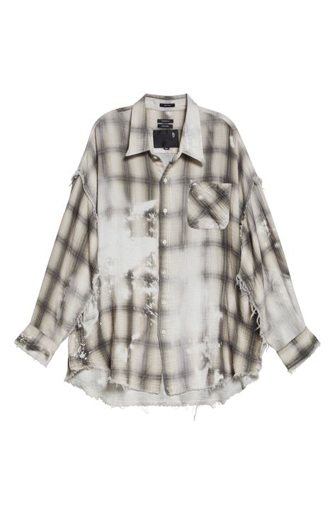 Shredded seams and frayed trim bring the label's signature rebellious edge to an oversized cotton-gauze shirt with a digitally printed bleached-plaid effect. 33" length (size medium) Front button closure Spread collar Long sleeves with button cuffs Chest patch pocket Dropped shoulders Curved hem 100% cotton Machine wash, line dry Made in Italy Designer Clothing Distressed Plaid Shirt, Oversized Plaid Cotton Shirt, Plaid Cotton Shirt With Button Closure, Plaid Grunge Flannel Shirt, Cotton Gauze Shirt, Bleached Flannel, Gauze Shirt, Extra Credit, Grey Plaid