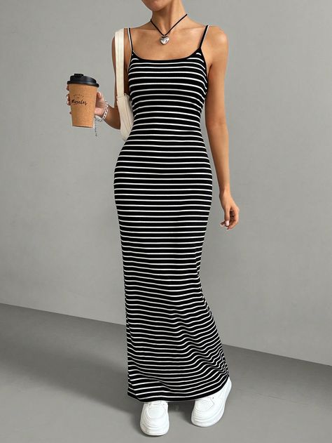 Black & White Striped Strap Bodycon Dress For Women Black and White Casual  Sleeveless Knitted Fabric Striped Cami Slight Stretch  Women Clothing, size features are:Bust: ,Length: ,Sleeve Length: Bodycon Dress Outfit, Bow Tie Pants, Body Con Dress Outfit, One Piece For Women, Striped Tank, White Casual, Dress For Women, Womens Maxi Dresses, All Fashion