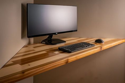 Floating Pine and Cedar Corner Desk Diy L Shaped Desk, Floating Corner Desk, Diy Corner Desk, Reclaimed Wood Beds, Wall Stencils Diy, Cool Shelves, Pine Desk, Reclaimed Wood Console Table, Desk Diy