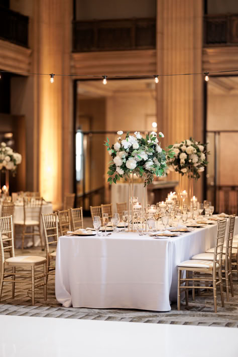 Elegant White and Green Wedding Rectangular Wedding Table Decor, Rectangular Table Centerpiece, Kings Table Wedding, Sage Green White Wedding, Elegant White And Green Wedding, Wedding Venue Floral, Wedding Centrepiece Ideas, White Flower Centerpieces, Wedding Sage Green