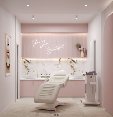 Projekt Salonu Kosmetycznego :: Behance Modern Medspa Interior Design, Medical Clinic Design Interiors, Pink Esthetician Room, Dermatology Clinic Interior Design, Medical Clinic Design, Aesthetics Clinic, Facial Room, Beauty Salon Interior Design, Esthetician Room Decor