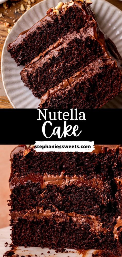 This Nutella cake is a moist chocolate layered cake with Nutella filling and a Nutella drip on top. It is the perfect combination of chocolate and Nutella flavor! Vanilla Cake With Nutella Filling, Nutella Cake Filling, Three Chocolate Cake, Peanut Butter Desserts Easy, Nutella Recipes Cake, Cake With Nutella, Nutella Filling, Nutella Frosting, Spring Recipes Dessert