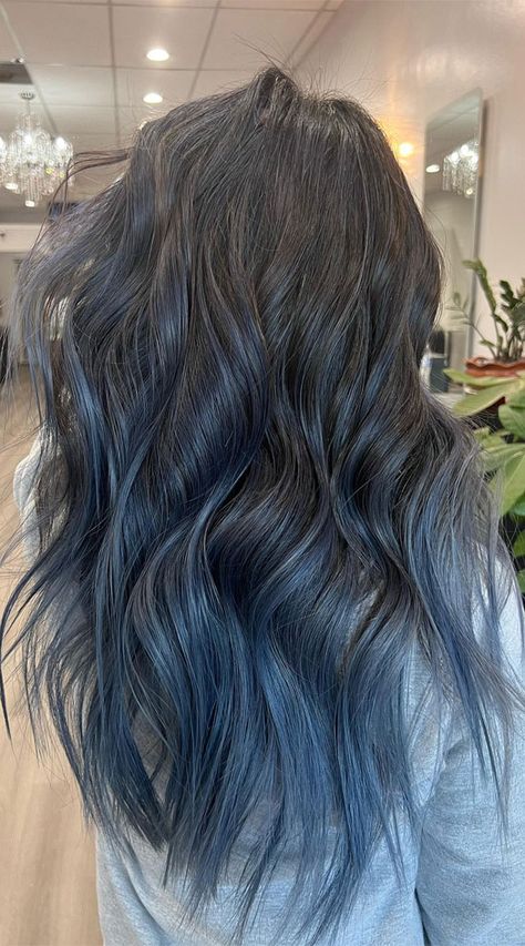 smoke blue balayage, balayage hair color, balayage hair dark, balayage hair blonde, blonde balayage hair, balayage hair brown, balayage hair vs highlights, balayage hair blonde, balayage hair color ideas, brunette balayage ideas Blue Hair Balayage Brown, Balayage Blue Hair Brunettes, Brown And Blue Balayage, Blue Balyage Long Hair Brunettes, Blue Balyage Long Hair, Brunette Hair With Blue Highlights, Dark Blue Balayage Hair, Balayage Blue Hair, Brown Hair Blue Highlights