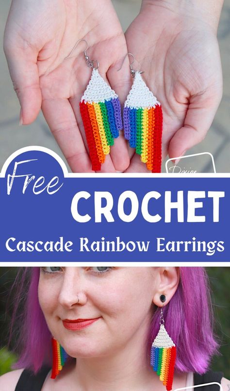 Cascade Rainbow Earrings Pride Amigurumi Free Pattern, Free Pride Crochet Patterns, Lgbtq Crochet Ideas, Lgbtq Crochet Patterns, Pride Crochet Earrings, Pride Crochet, Easiest Crochet, Crochet Rainbow, Rainbow Crochet