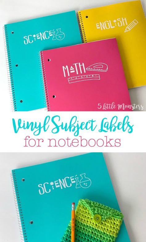 Use your Cricut machine to cut out cute vinyl subject labels to label your notebooks. Cricut School Labels, Cricut School Supplies, Vinyl Notebook Ideas, Notebook Subject Design Ideas, Subject Design Ideas, Notebook Subject Labels, Labels For Notebooks, School Subject Labels, Subject Design