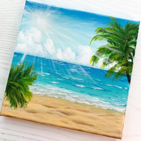 A tropical beach / island scenery with blue sky and fluffy clouds. The sea waves is calm and very relaxing. There are two palm trees at both corner of the paintings, and a bright sun ray from the sky Beach Artwork Illustrations, Sunny Beach Painting, Canvas Summer Painting Ideas, Ocean Paintings Acrylic, Summer Beach Painting, Beach Canvas Painting Diy Easy, Drawing Summer Ideas, Summer Painting Easy, Summer Scenery Painting