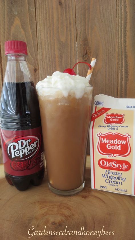 Dirty Dr Pepper - Garden Seeds and Honey Bees Whipped Dr Pepper, Dr Pepper Shake Recipe, Dr Pepper Float, Dr Pepper Drinks Ideas, Dirty Dr Pepper, Dr Pepper Cream Soda, Soda Drinks Recipes, Homemade Frappuccino, Italian Cream Soda