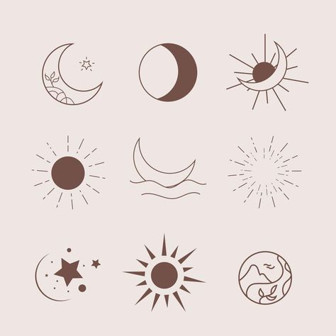 Simple Sun And Moon, Boho Clip Art, Moon Designs, Witchy Sun And Moon Tattoo, Moon Clip Art, Moon Sun, Sun And Moon Minimalist, Zodiac Decor, Boho Clipart