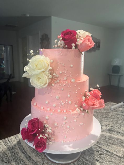 Pink Floral Cake, 3 Tier Birthday Cake, Birthday Cake Roses, Graduation Party Cake, Tiered Cakes Birthday, Multicolor Flowers, Sweet 16 Birthday Cake, Birthday Cake With Flowers, Sweet 16 Cakes