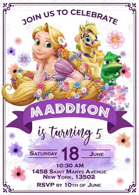 Rapunzel Birthday Invitation, Rapunzel Invitations, Party Location, Monsters Inc, Tokio Hotel, 7th Birthday, Birthday Party Invitation, Online Printing Services, Printable Designs