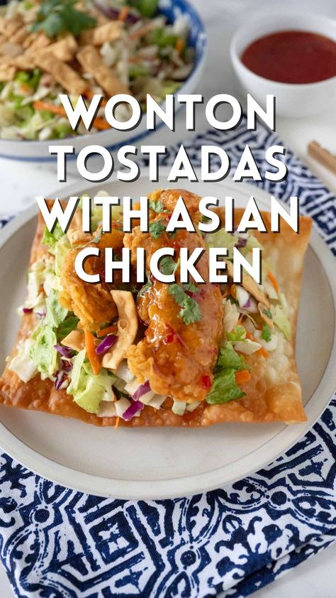 Asian Chicken Wonton Tostadas Asian Wonton Tacos, Fun Easy Dinner Ideas For Family, Asian Fusion Tacos, Fusion Dinner Recipes, Recipes With Fresh Ingredients, Asian Inspired Food, Appetizers For Dinner Main Dishes, Mexican Asian Fusion Food, Asian Mexican Fusion Recipes