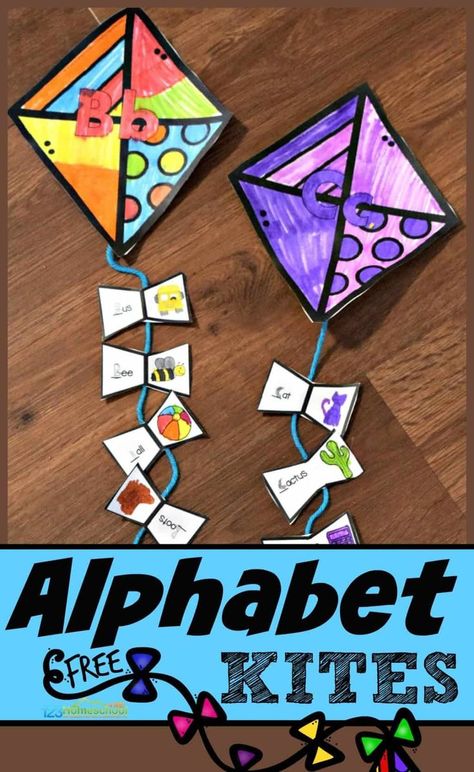 FREE Alphabet Kites - this spring alphabet craft is such a fun way for kids to practice beginning sounds with a fun alphabet activity for preschool, kindergarten, and first grade kids. #alphabet #kindergarten Kindergarten Spring Crafts, Letter K Crafts, Spring Alphabet, 123 Homeschool 4 Me, Kites Craft, Letter Sound Activities, Letter Learning, Fun Alphabet, Alphabet Activity