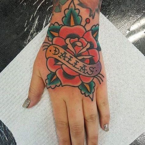 Traditional Tattoo Names, Rose Tattoo With Name, Tattoo Names, Traditional Hand Tattoo, Male Tattoos, Sunset Tattoo, Skull Hand Tattoo, Names Tattoos For Men, Rose Hand Tattoo