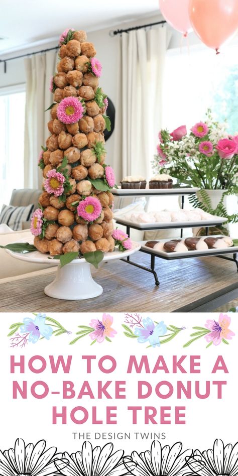 Donuts Centerpieces, Dessert Tree Ideas, Donut Hole Decorating Ideas, Diy Donut Tree, Display Donuts Party Ideas, Donut Tree Birthday, Brunch Donut Display, Bridal Brunch Cake Ideas, Doughnut Centerpiece Ideas