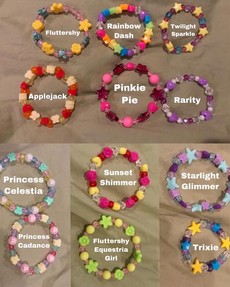 I made MLP themed pony bead bracelets Pony Beaded Bracelet Ideas, Bead Bracelets Pony Beads, Random Bead Bracelet, Mlp Bead Patterns, Kiki And Lala Bracelets, Beaded Bracelets Ideas Pony Beads, Mlp Diy Crafts, Diy Pony Bead Bracelets, Mlp Kandi Bracelet