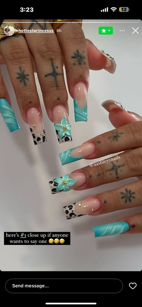 Acrylic Nail Designs Turquoise, Teal Rhinestone Nails, Teal Bling Nails, Nail Inspo Turquoise, Teal Birthday Nails, White And Turquoise Nails, Turqoise Nails Gel, Aqua Green Nails, Teal Almond Nails