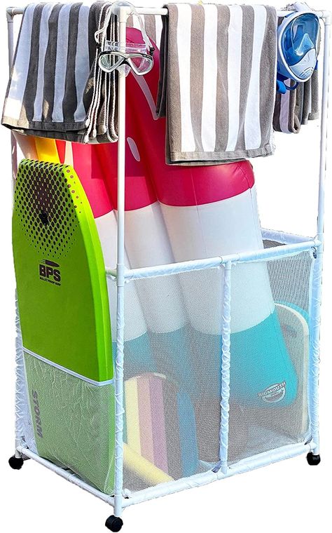 Essentially Yours Pool Equipment Holder with Towel Drying Bars, Mesh Rolling Double Decker Multi Use Storage Organizer Bin, XXL Pool Organization, Pool Toy Storage, Pool Storage, Inflatable Float, Winter Storage, Towel Organization, Pool Safety, Pool Maintenance, Pool Equipment