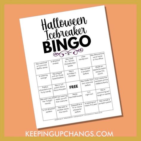 Free FALL HALLOWEEN ICEBREAKER HUMAN PEOPLE BINGO for October holiday party game idea. Get to know, mix and mingle, socialize, teambuilding for school classroom, office coworkers, group gathering. Easy to DIY instant digital download. High school, college, ESL, virtual Zoom party. Fun, funny, hilarious, modern, coed, unique, creative. Classroom Team Building, Ice Breaker Bingo, Icebreaker Bingo, People Bingo, Human Bingo, Rack Card Templates, Bingo Card Template, Office Party Games, Goosebumps Books