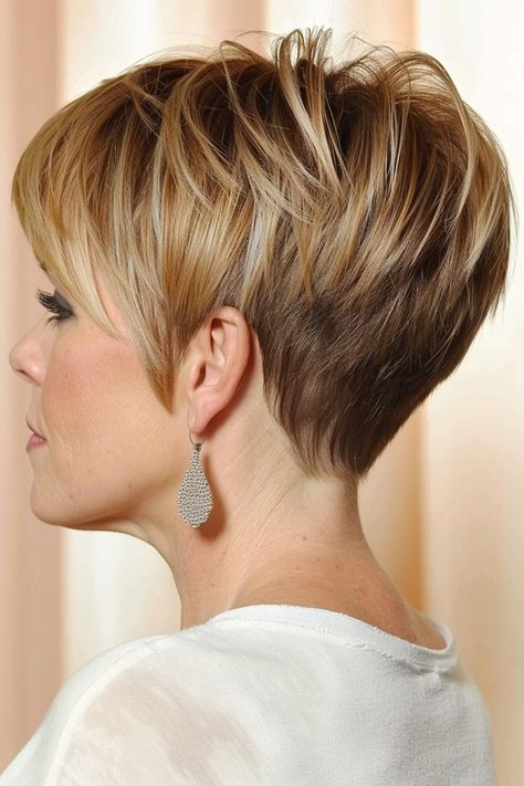 Medium Length Pixie Hairstyles, Fine Flat Hair Hairstyles Round Faces, Short Hair Long On Top, Back View Of Pixie Haircut, Stacked Pixie Haircut, Physical Improvement, Short Stacked Wedge Haircut, Short Wedge Hairstyles, Short Wedge Haircut