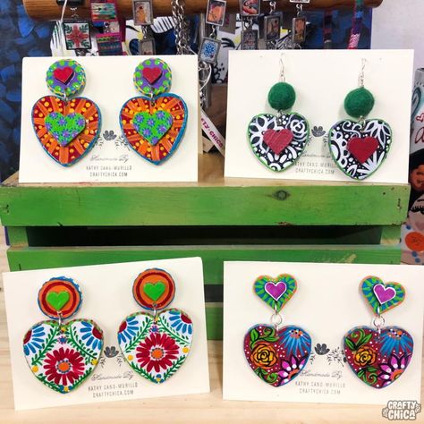 Painted Wood Earrings - The Crafty Chica Hand Painted Earrings Wood, Jewelry Display Booth, Latina Style, Mexican Earrings, Hand Painted Earrings, Craft Stash, Felt Jewelry, Painted Earrings, Painted Jewelry