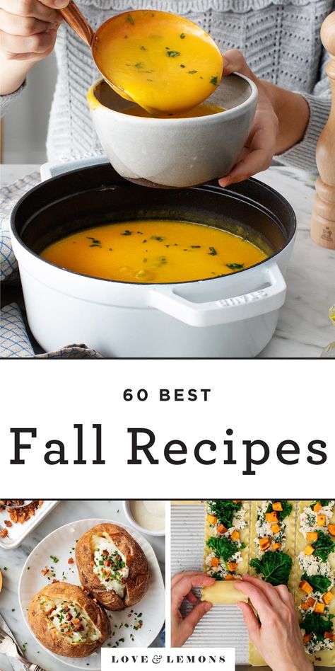 60 Fall Recipes and Dinner Ideas - Love and Lemons Healthy Fall Winter Recipes, Comforting Fall Dinners, Fall Meal Ideas Vegetarian, Autumn Vegetarian Recipes, Autumn Food Recipes, Fall Cookbook, Vegetarian Comfort Food Recipes, Soups Creamy, Creamy Pastas